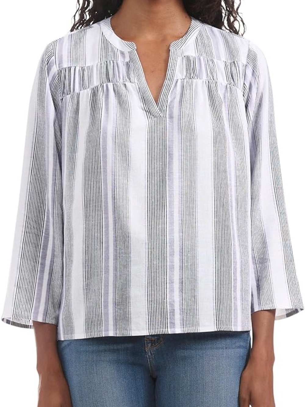 Splendid Striped Split-Neck Linen Blend Blouse